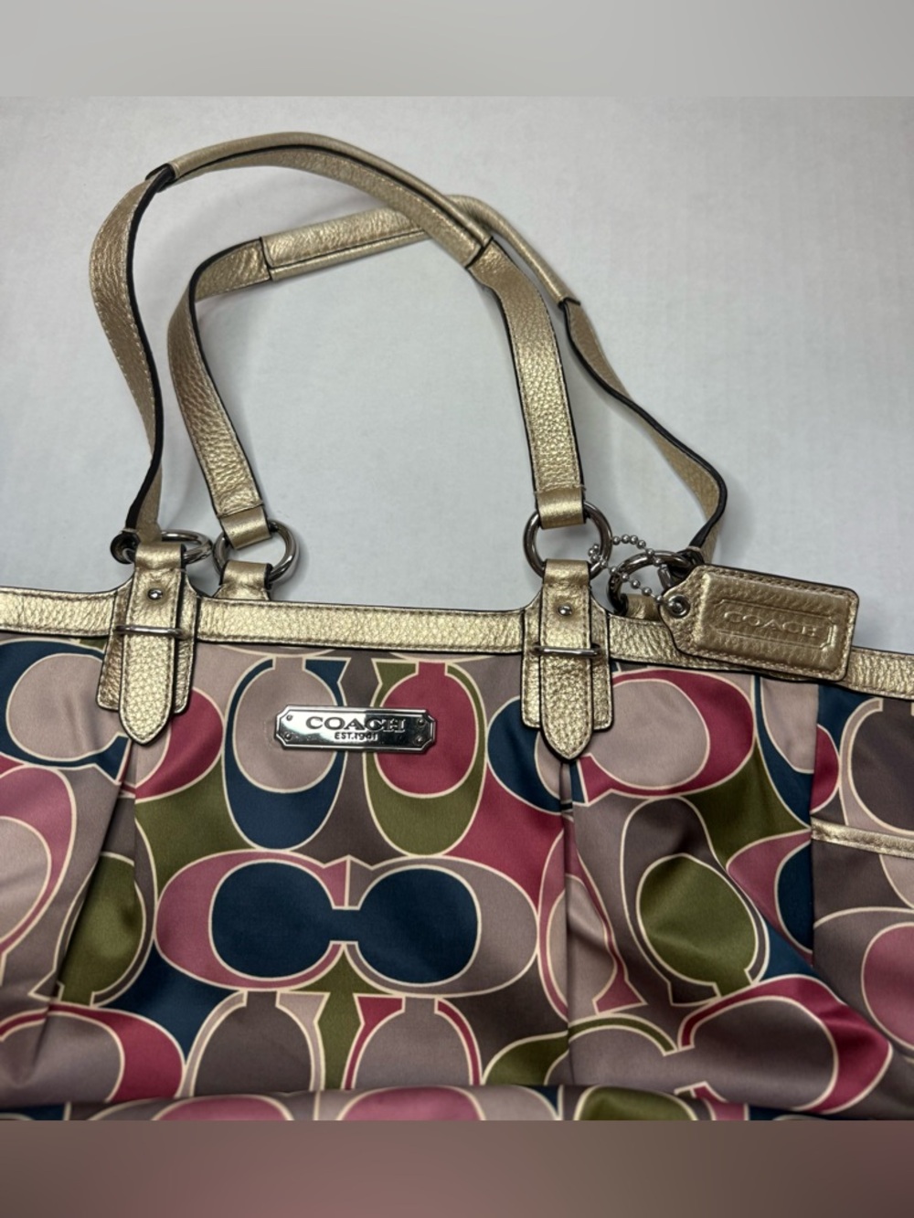 Coach Signature Scarf Sateen Gold Trim Satin Handbag Tote - Picture 3 of 5